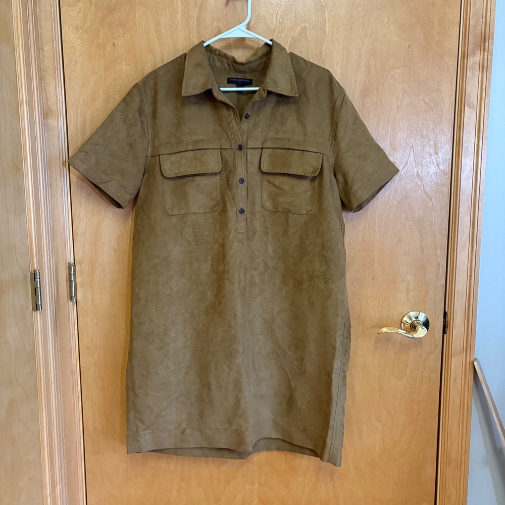 Banana Republic Vegan Suede Shirt Dress Brown Short Sleeve Collared Button L